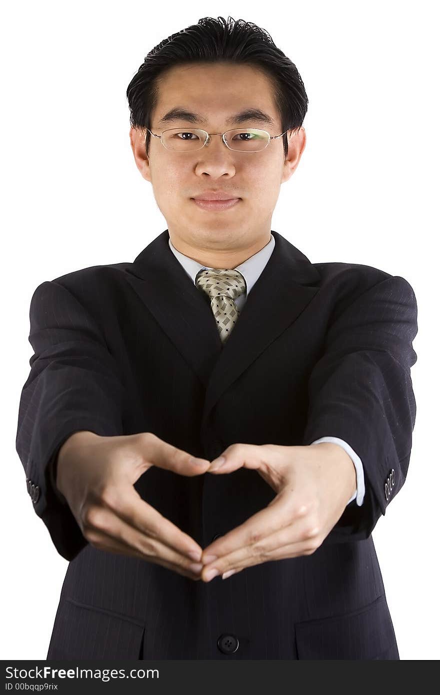 Asian young guy with love shape gesture.