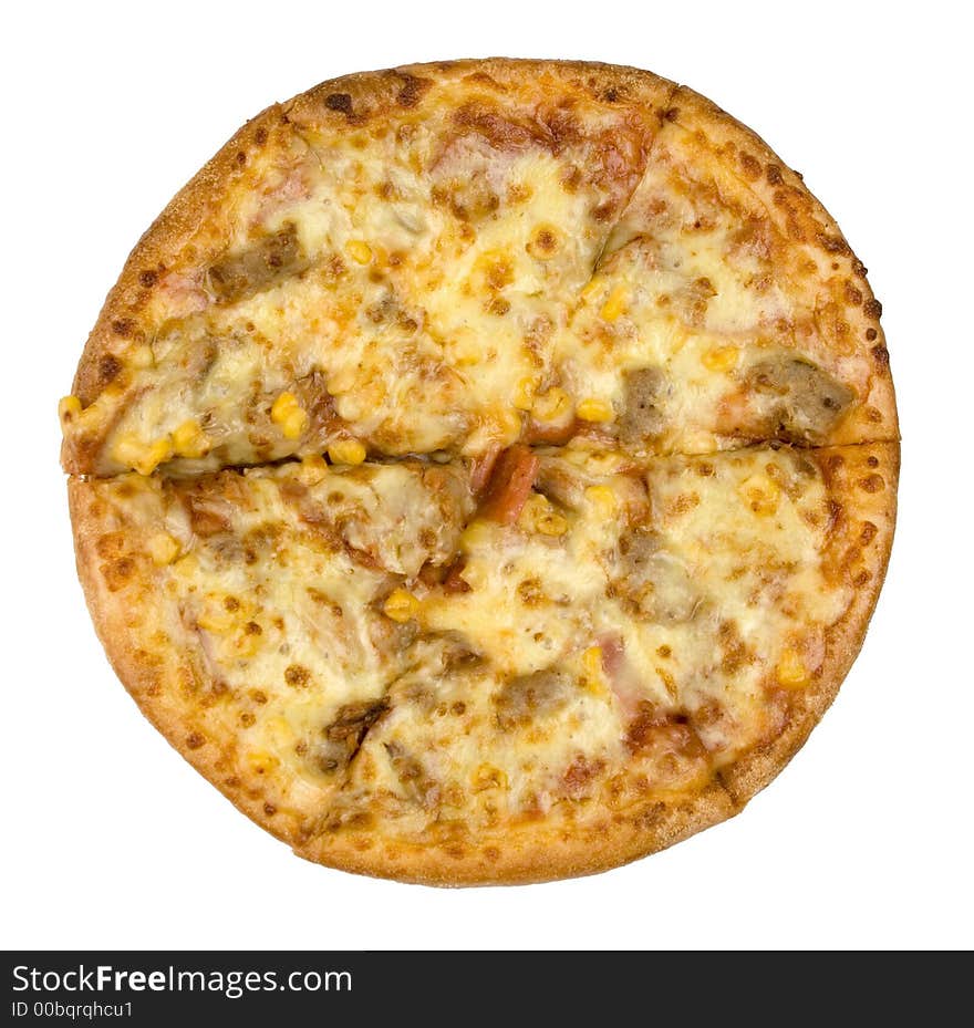 Cheesy seafood pizza in white background. Cheesy seafood pizza in white background.