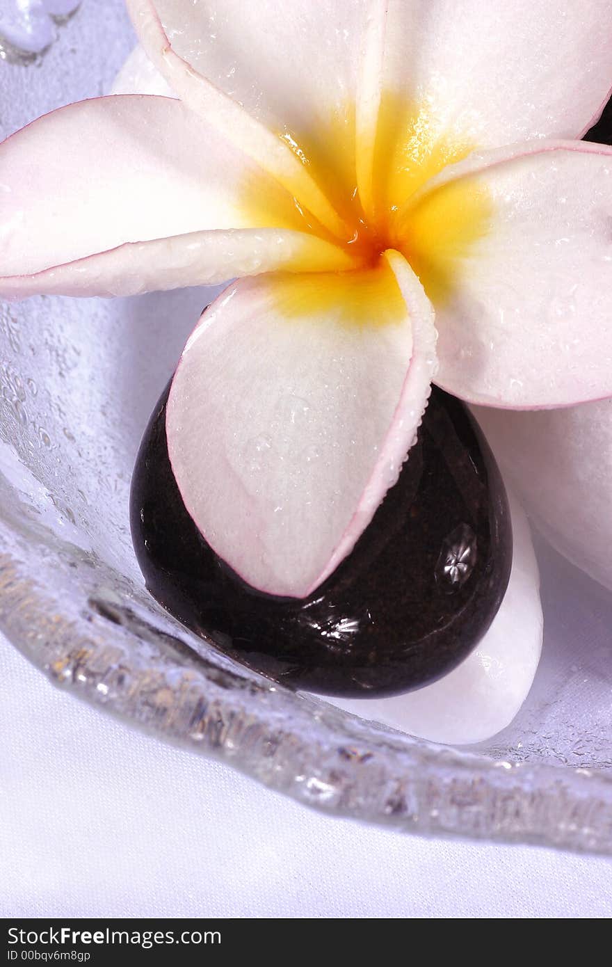 Frangipane flowers and pebbles in a glass bowl on the rattan background