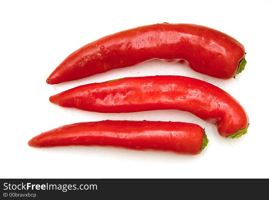 Three chili peppers isolated on white wet surface