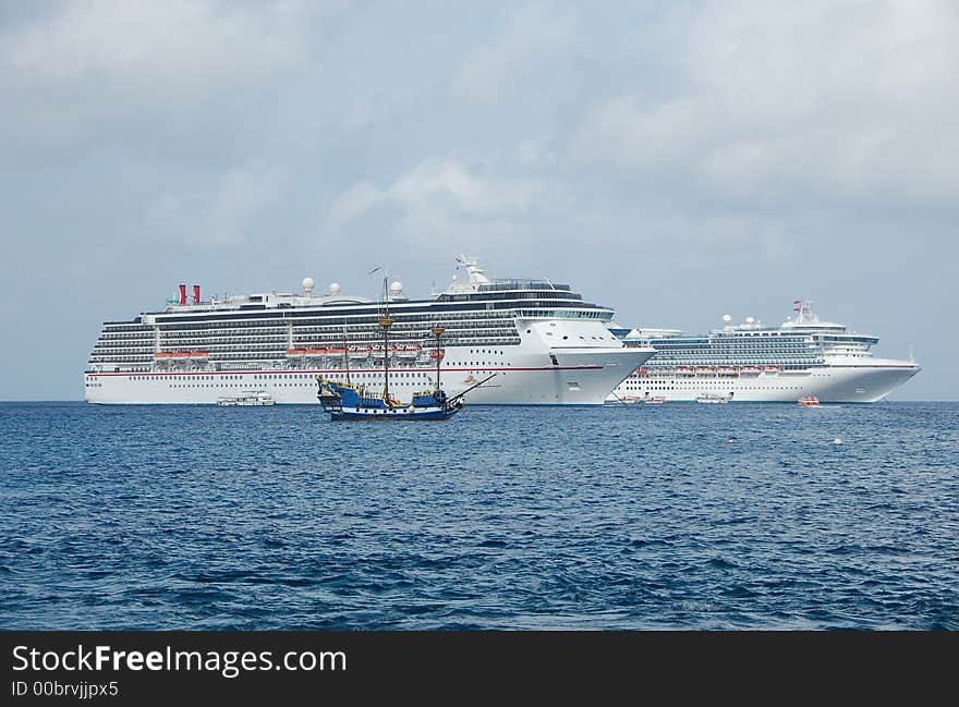 Pirate Ship In Front Of Modern Ships