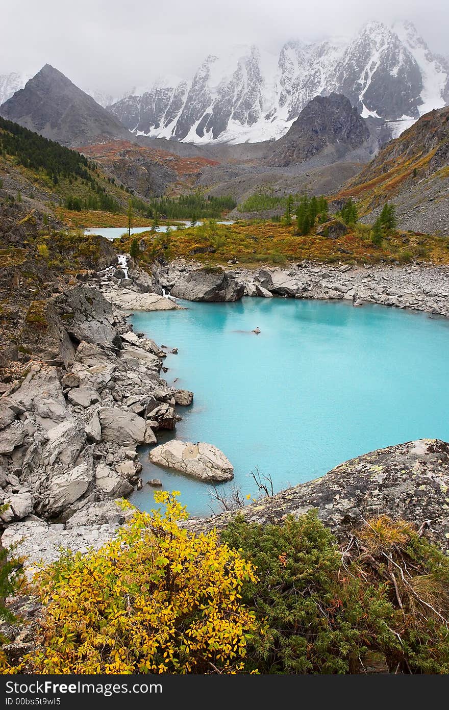 Turquoise lake and mountains.