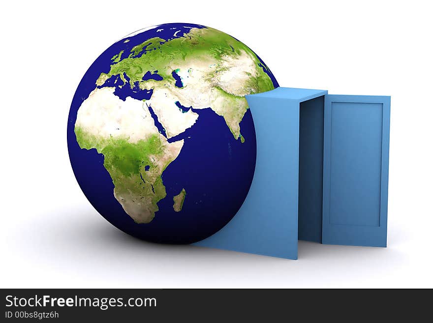 3d rendered earth with a door through it. 3d rendered earth with a door through it