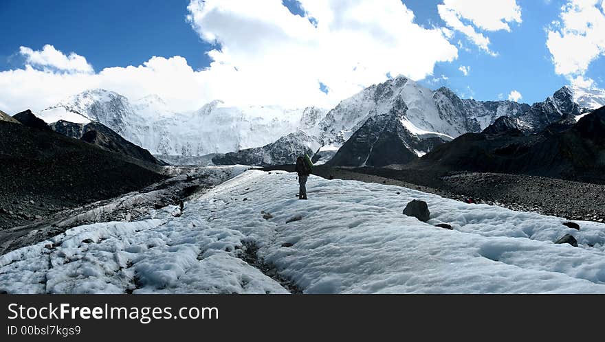 Panorama of Beluha Mountain and Ak-Kem glacier in Altai Mountains (Russia). Panorama of Beluha Mountain and Ak-Kem glacier in Altai Mountains (Russia)