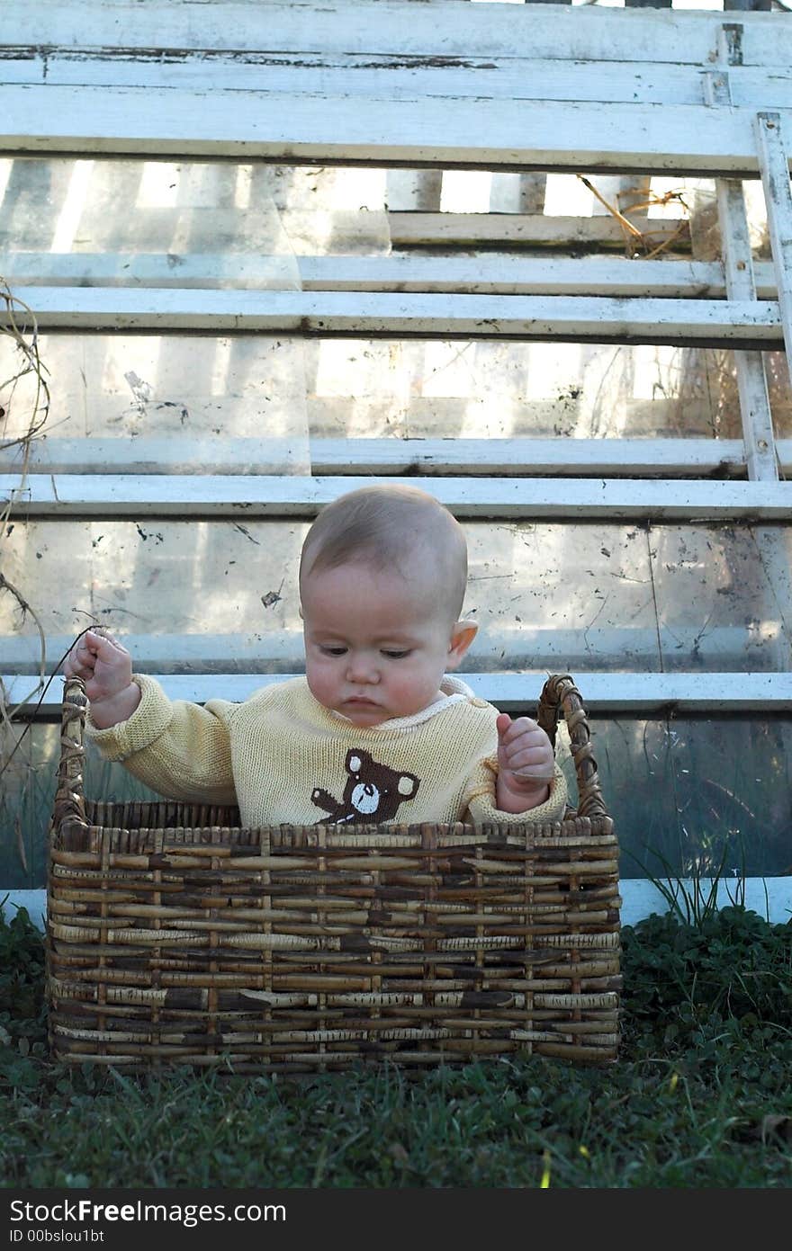 Image of baby boy sitting in a basket in front of some old windows. Image of baby boy sitting in a basket in front of some old windows