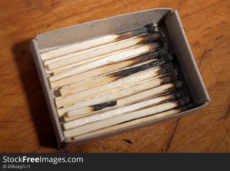 Box with burnt matches on a wooden table