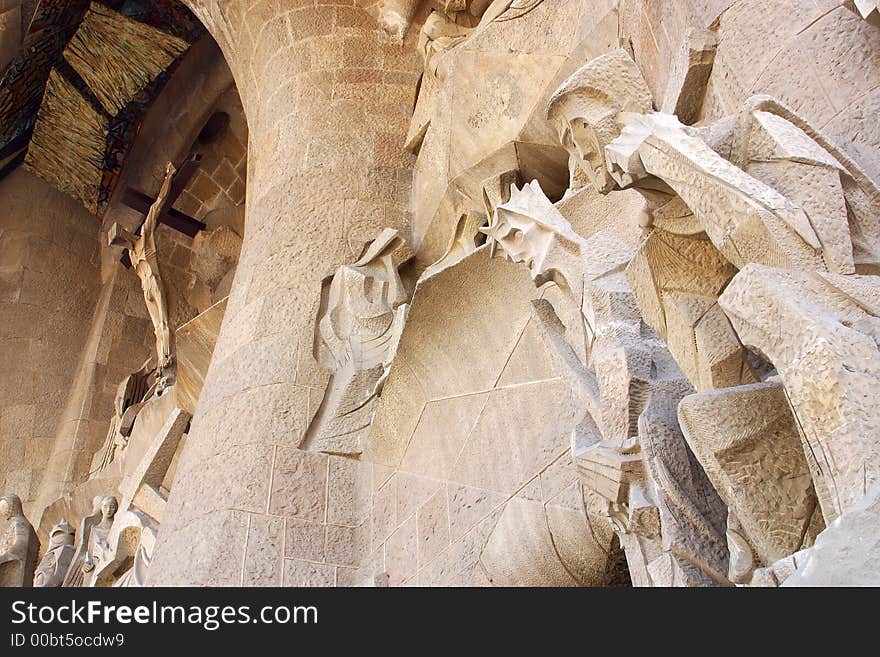 Detail of the passion facade of la Sagrada Familia at the city of Barcelona, Catalunya, Spain, Europe. Detail of the passion facade of la Sagrada Familia at the city of Barcelona, Catalunya, Spain, Europe