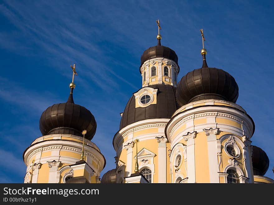 Domes of traditional church with St.-Petersburg in a sunny day. Domes of traditional church with St.-Petersburg in a sunny day