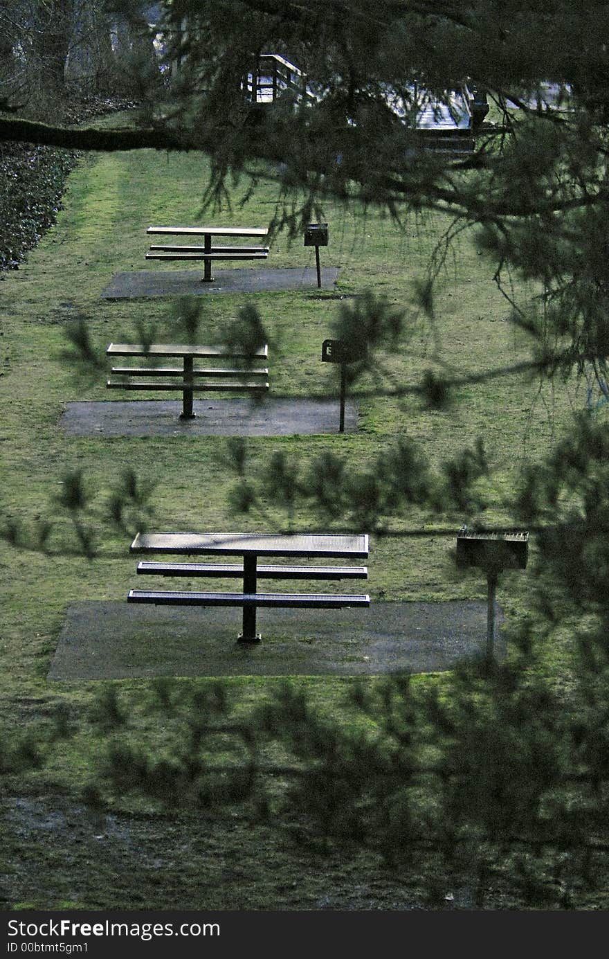 Park benches and tables on the Skagit River in Rockport, WA. Park benches and tables on the Skagit River in Rockport, WA