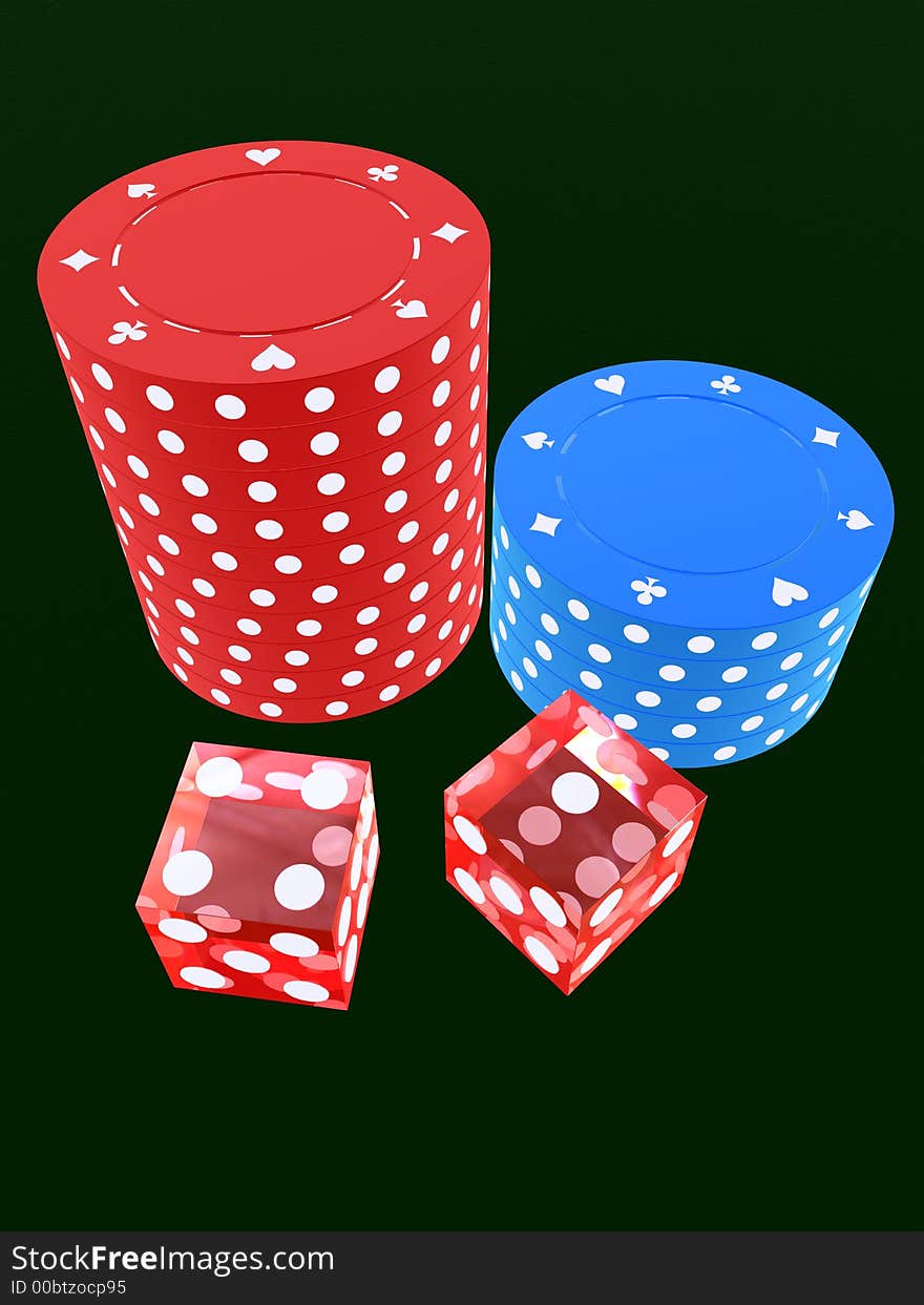 3d rendered illustration of red dice and jetons