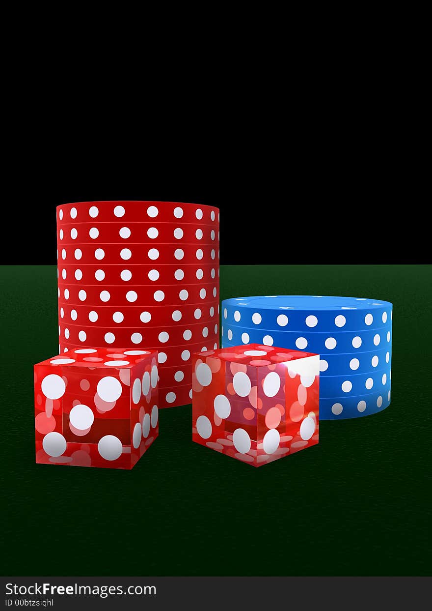 3d rendered illustration of red dice and jetons