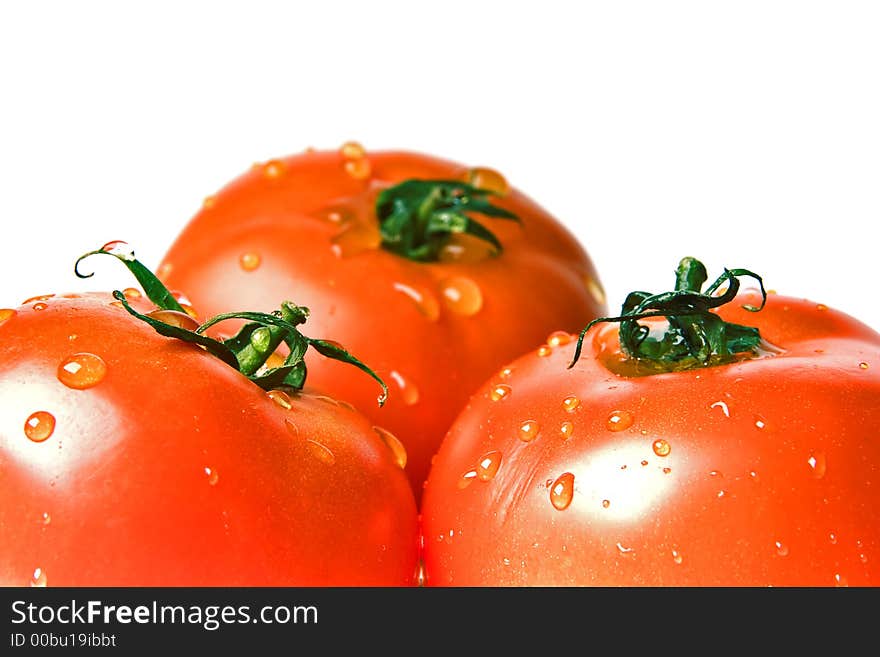 Three ripe tomatoes covered bright drops on a white background