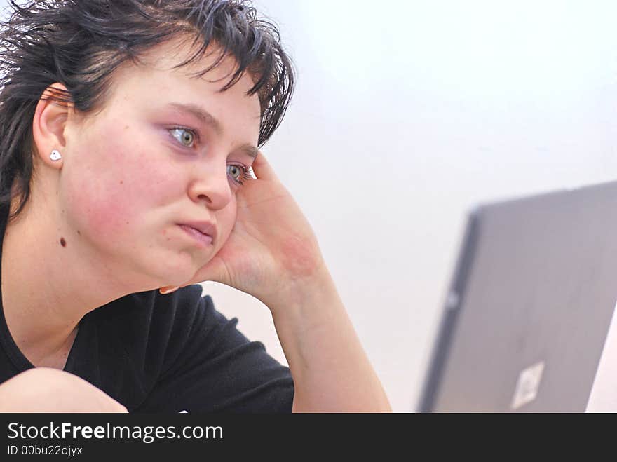 Nice women with laptop thinking. Nice women with laptop thinking