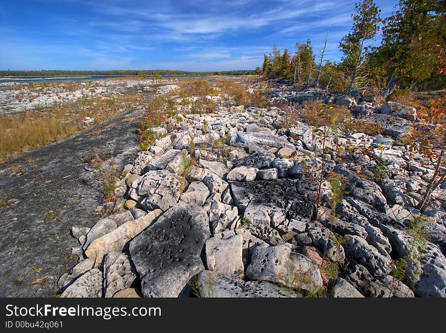 Meager vegetation finds its way through rocks and stones on a lake shore. Meager vegetation finds its way through rocks and stones on a lake shore.