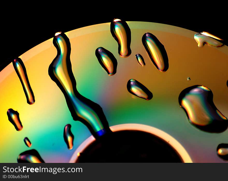 A photo of water droplets on a dvd. A photo of water droplets on a dvd