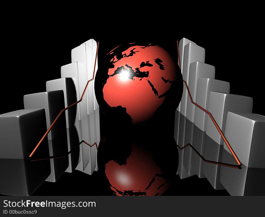 3d rendered earth and bars showing profits increasing. 3d rendered earth and bars showing profits increasing