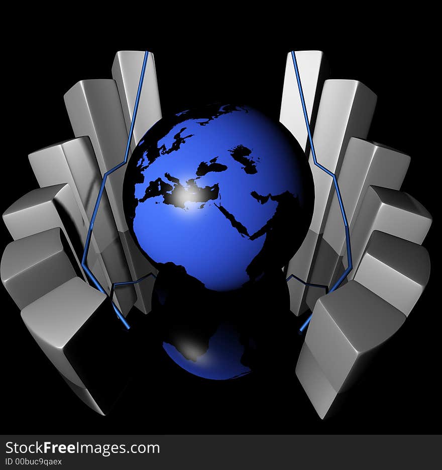 3d rendered earth and bars showing profits increasing. 3d rendered earth and bars showing profits increasing