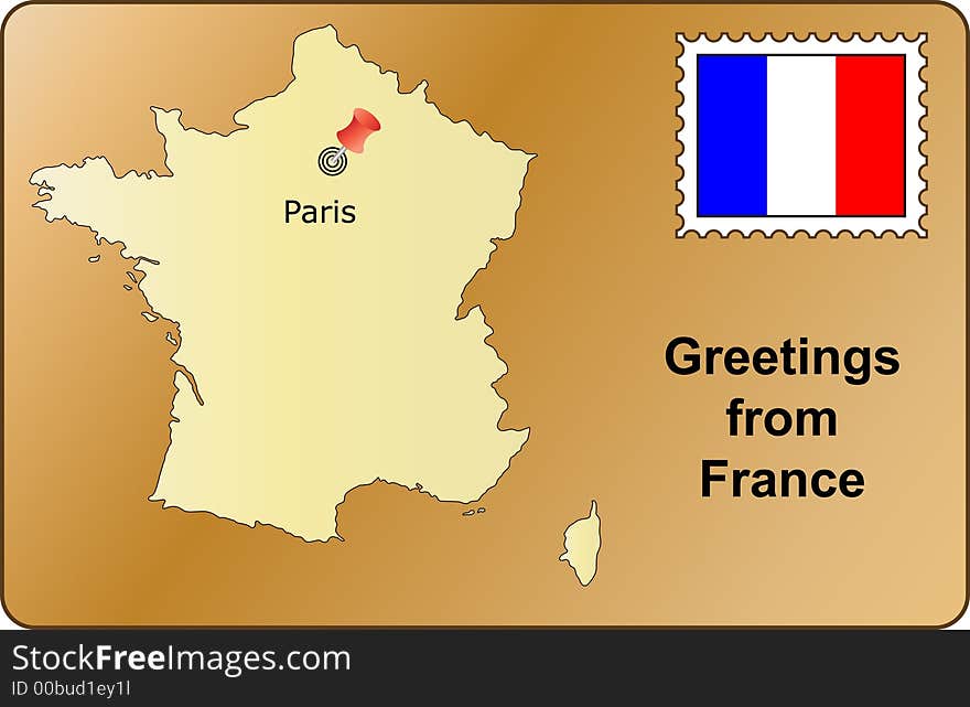 Postcard with France map and Paris, france flag as stamp. Postcard with France map and Paris, france flag as stamp