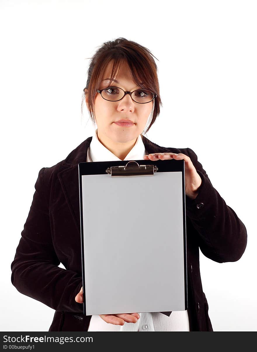 Attractive woman with clipboard on white background. Attractive woman with clipboard on white background