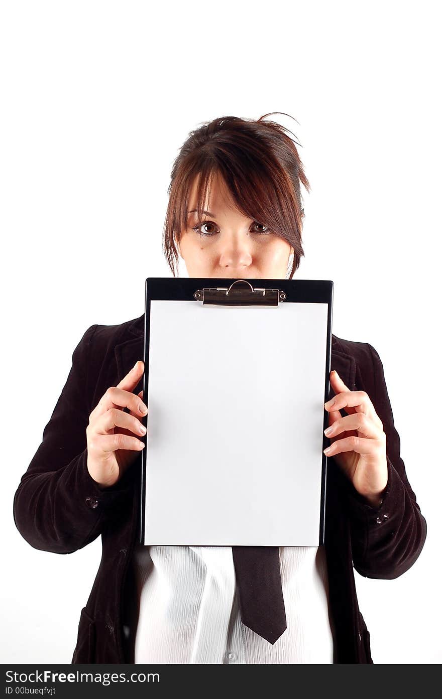 Attractive woman with clipboard on white background. Attractive woman with clipboard on white background