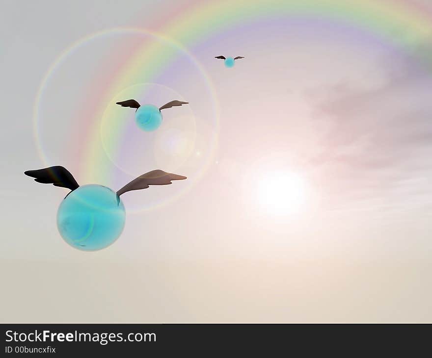 Flying Orbs Into A Rainbow Sunrise