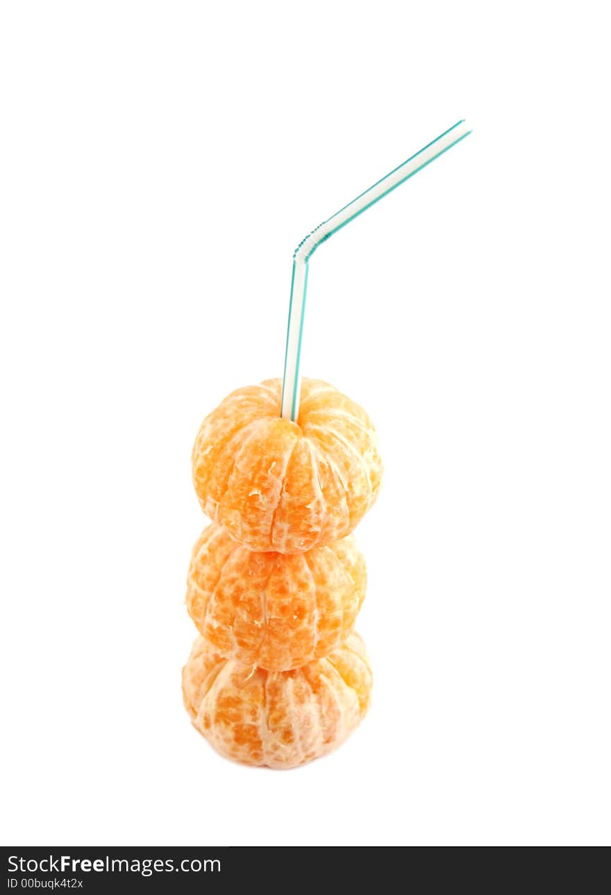 Peeled mandarins with a straw