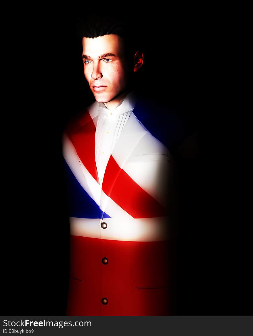 A man with the Union Jack flag on his clothing, its the flag of Great Britain. A man with the Union Jack flag on his clothing, its the flag of Great Britain