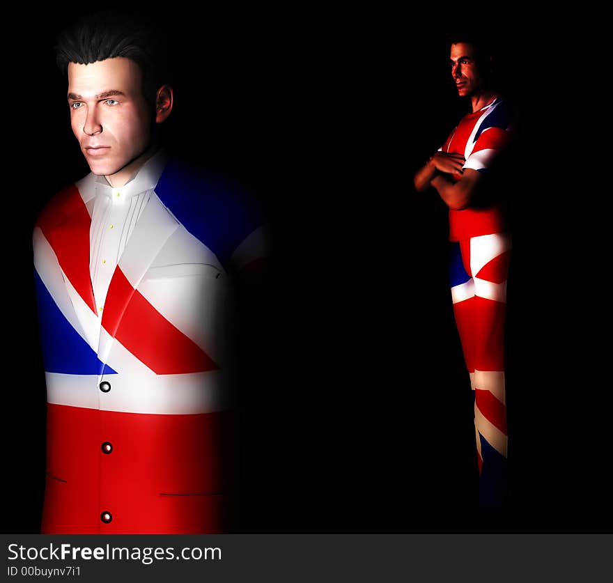 A pair of men with the Union Jack flag on his clothing, its the flag of Great Britain. A pair of men with the Union Jack flag on his clothing, its the flag of Great Britain.