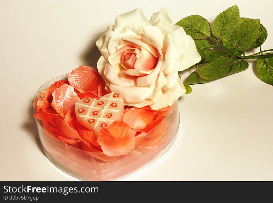 White pink rose with pink petals in clear box with heart candle mother's day. White pink rose with pink petals in clear box with heart candle mother's day