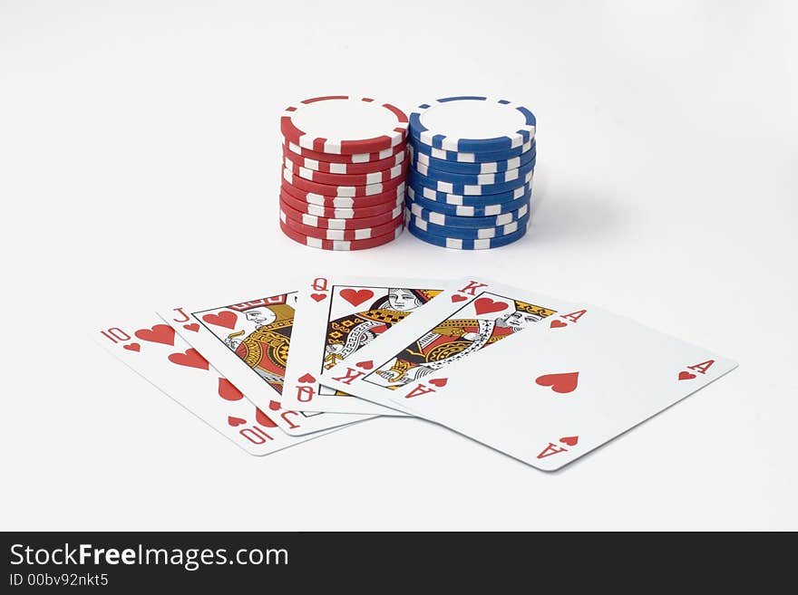 Royal flush and poker chips on a white background. Royal flush and poker chips on a white background