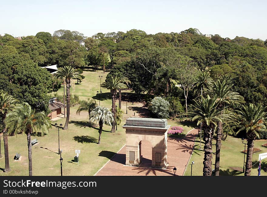 Stone Arch In An Urban Public Park With Palm Trees, Sydney, Australia. Stone Arch In An Urban Public Park With Palm Trees, Sydney, Australia