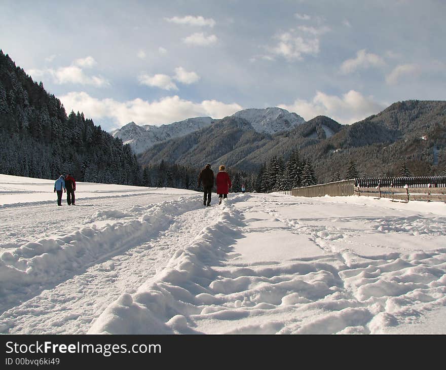 Beautiful winter landscape showing a cross-country ski run with people skiing