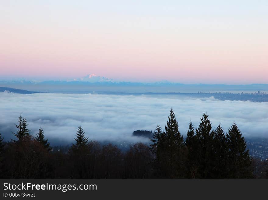 Cloudy and foggy sunset, mt. baker view