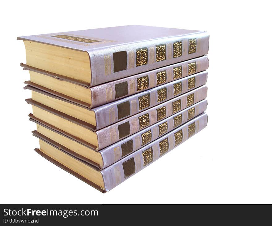 Stack of violet books with numbers over white background