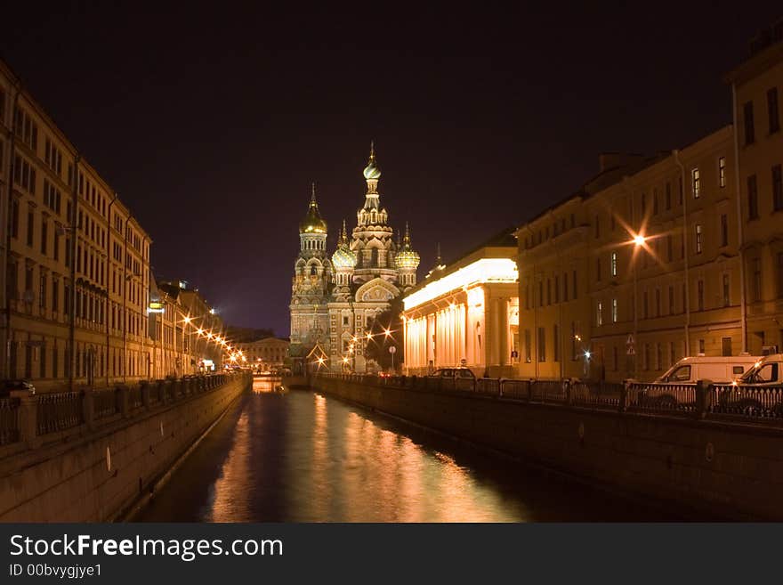 Night view of Church of Our savior on the spilled blood in Saint Petersburg, Russia