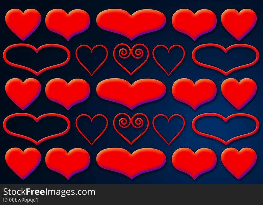 Array of puffed hearts on dark background. Array of puffed hearts on dark background.