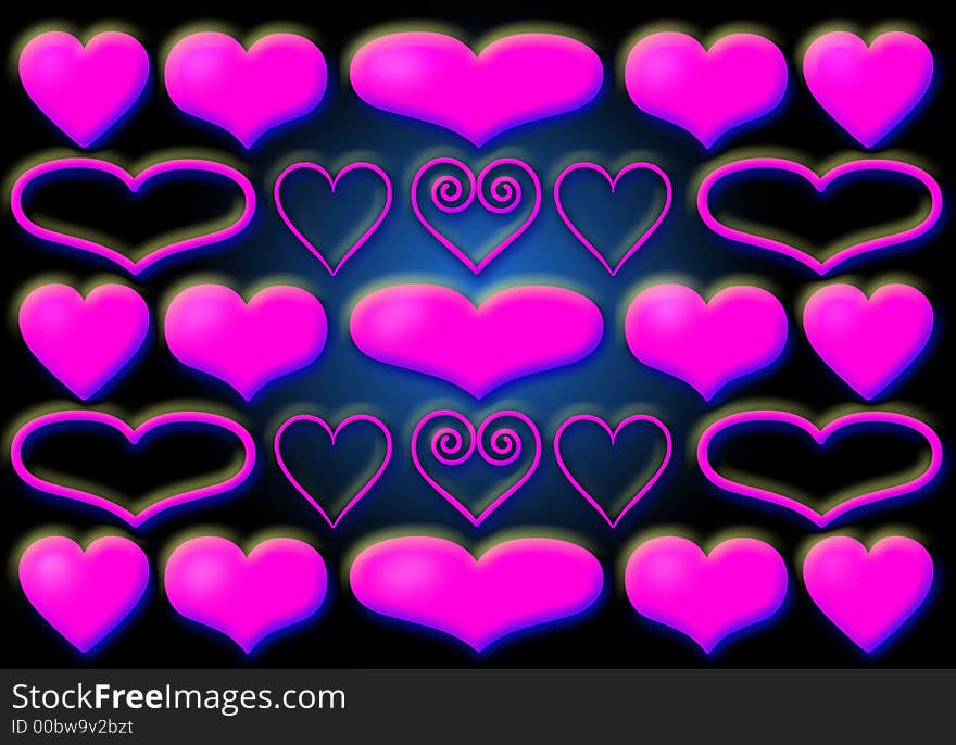 Array of puffed hearts on dark background. Array of puffed hearts on dark background.