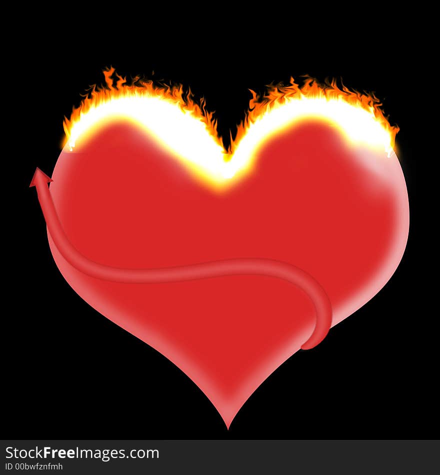 Isolated red heart shape on fire with a black background. Isolated red heart shape on fire with a black background