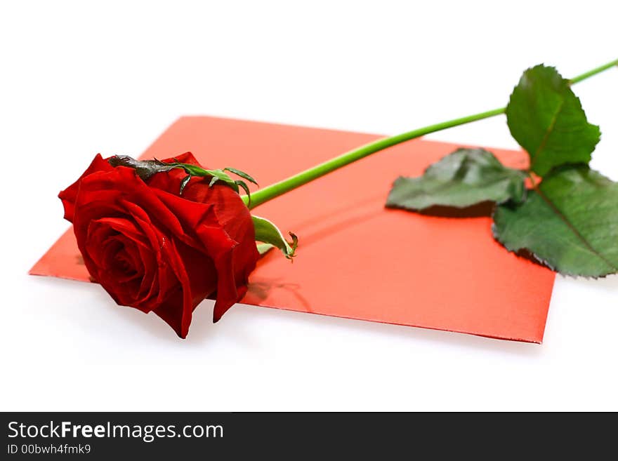 Close up for red rose and letter isolated on white background