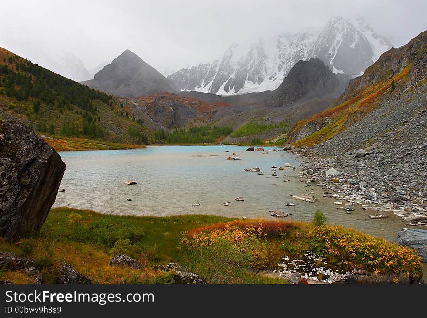 Lake, rocks and mountains.