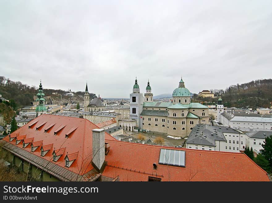 A wide-angle view of the city of Salzburg, Austria. A wide-angle view of the city of Salzburg, Austria