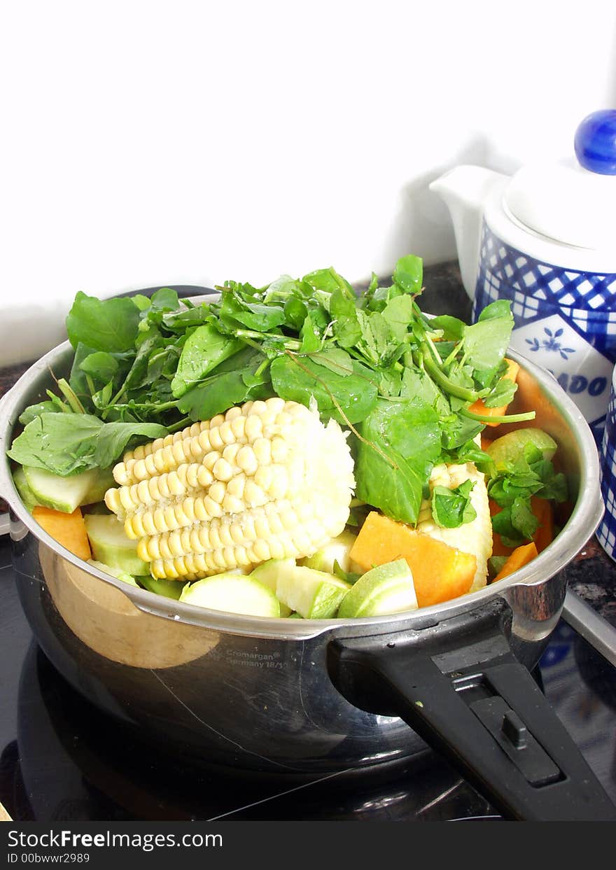 Preparing a vegetables soup in the pressure cooker on the kitchen