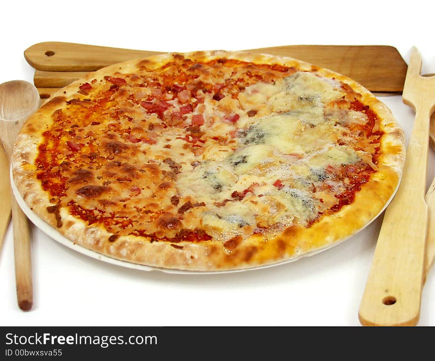 Italian cheese ham and tuna pizza on white background