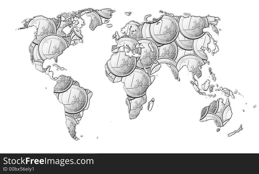 Map of the world full of euro coins. Black and white version. Map of the world full of euro coins. Black and white version.