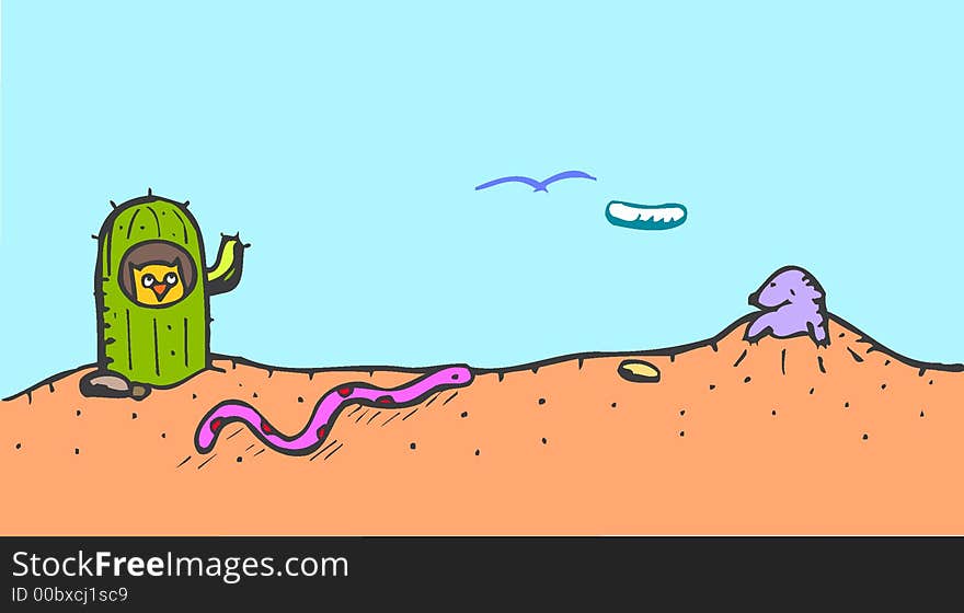 Desert with a cactus and animals