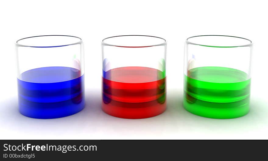 Multicoloured drinks in transparent glasses on a white background