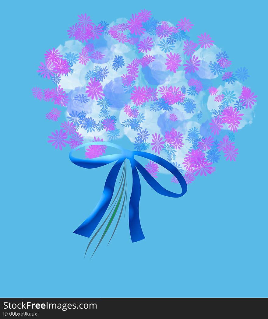 Spring bouquet with bow on blue background. Spring bouquet with bow on blue background