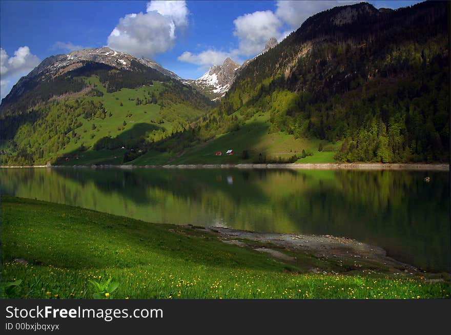 Spring Swiss mountans reliefs, Wagitalersee