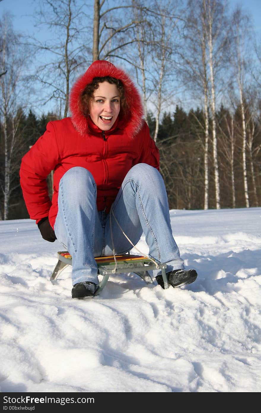 Girl on sled in a forest blue sky