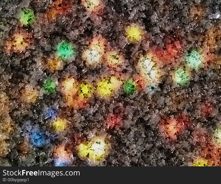 Close-up of hoar-frost with coloured lights horizontal abstraction. Close-up of hoar-frost with coloured lights horizontal abstraction